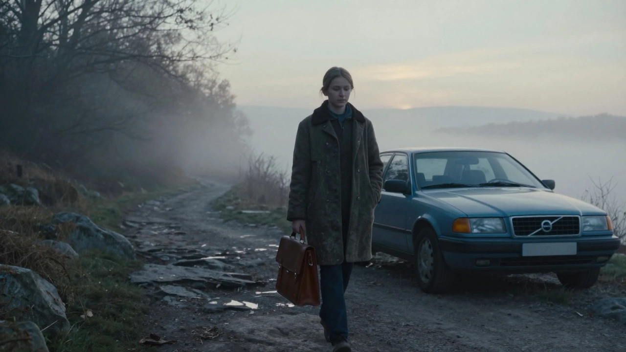 Fortune Cooke walks alone at dawn along Avon Gorge, coat fluttering slightly, her Volvo parked behind her, mist rising from the cliffs under a pale morning sky.
