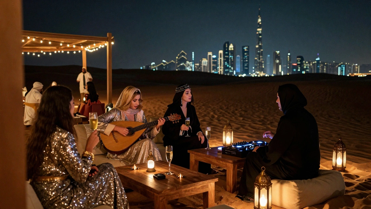 Guests at a desert lounge blending oud music with electronic beats under string lights and dunes.
